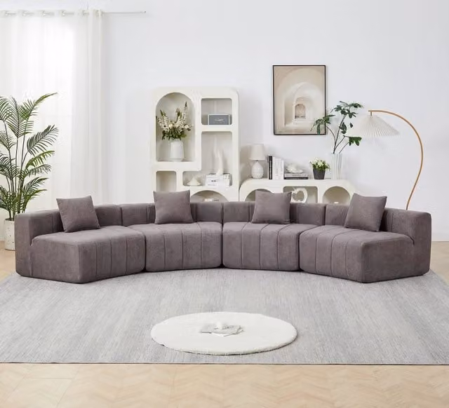 Sofa modulare curvo WISHDOR in tessuto grigio con design a semicerchio e 2 cuscini decorativi