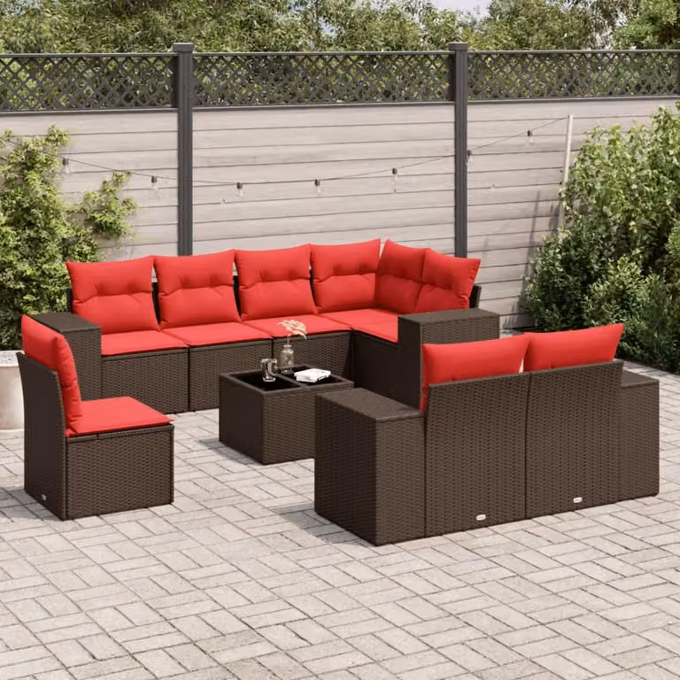 Set Divani da Giardino vidaXL 9 pz a Forma a L con Tavolino in Polyrattan e Cuscini Marroni e Rossi