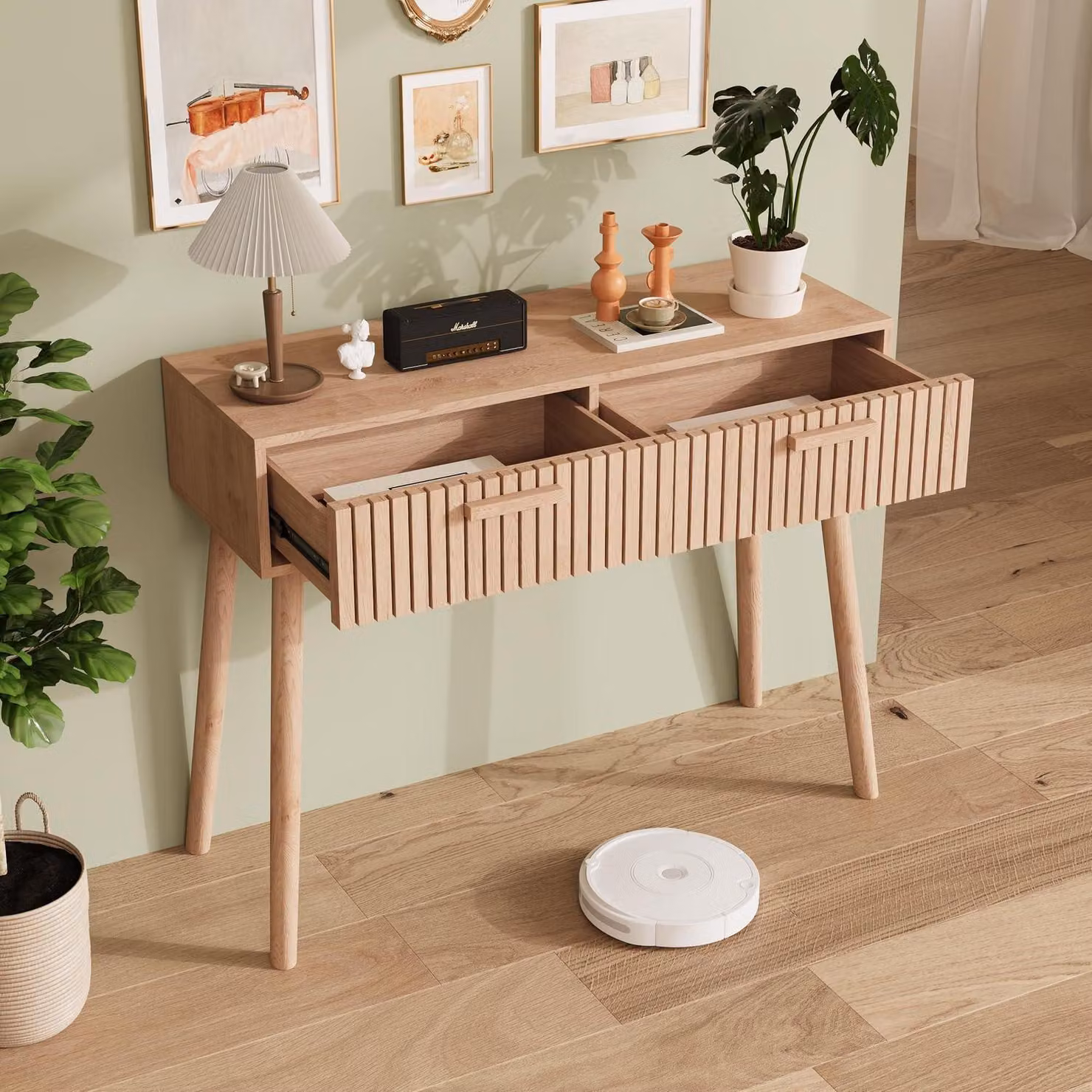 Scrivania con 2 cassetti, scrivania per computer, scrivania da ufficio, stile naturale, dimensioni 100x80x35 cm