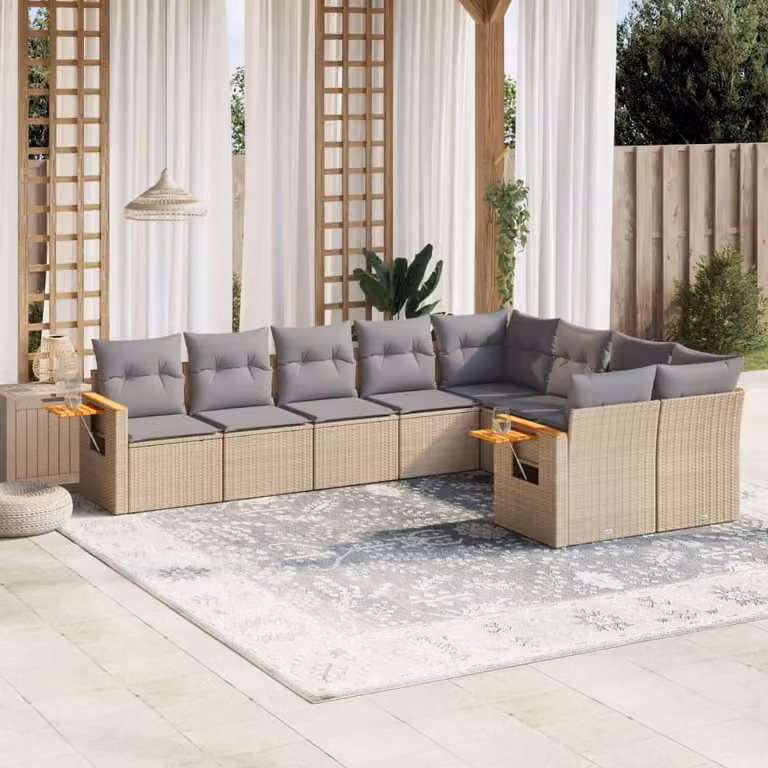 Set Divano da Giardino vidaXL 9 pz a L con Cuscini Beige in Polyrattan e Legno di Acacia