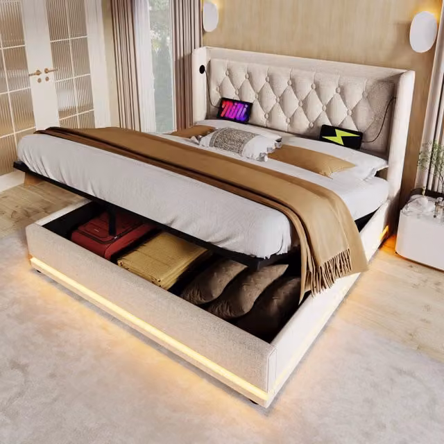 Letto contenitore 160 × 200 cm con LED e porte USB Type-C testiera imbottita in cotone beige struttura in acciaio