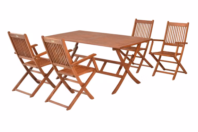 Set di mobili da giardino Merxx Rio 5 pezzi, 4 poltrone pieghevoli, tavolo pieghevole 160 x 90 cm - Eucalipto