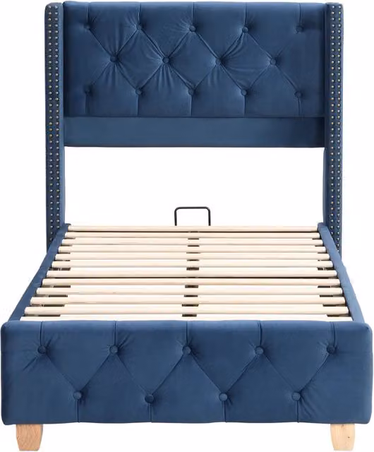 Letto imbottito 90x200cm - Zephmum - Puntale con bottoni e borchie, gambe in legno, velluto blu