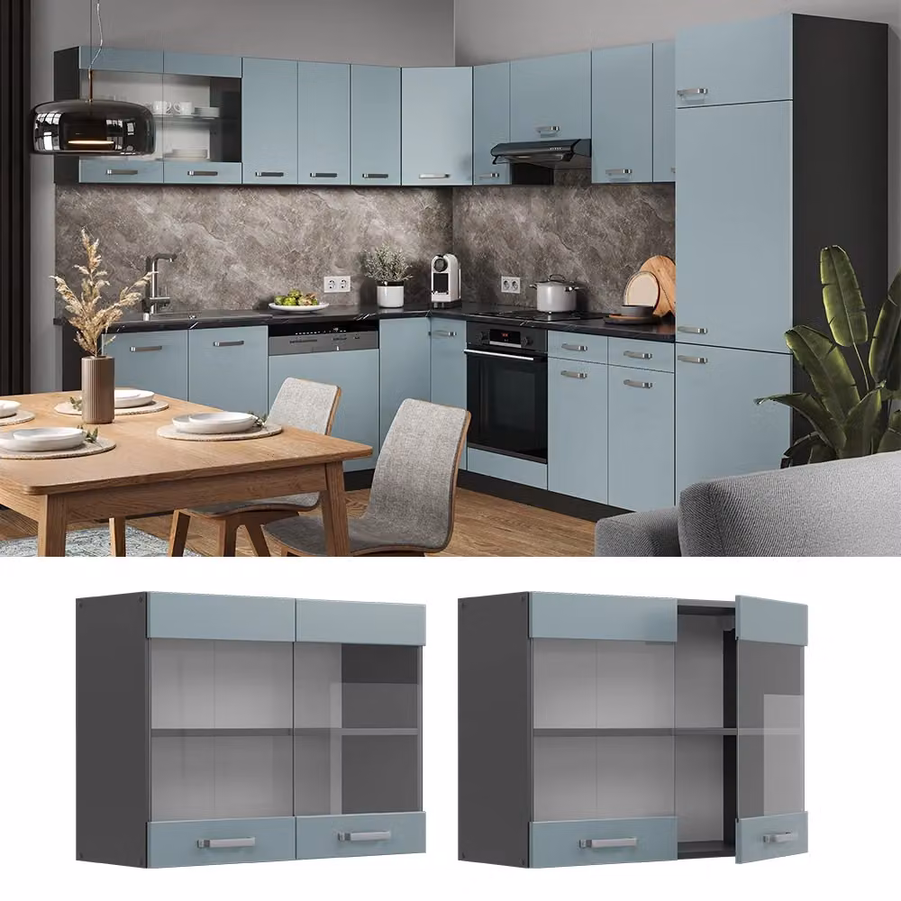 Pensile da cucina moderno Vicco R-Line con ante in vetro, Grigio-blu/Antracite, L: 80 cm, P: 31 cm, H: 60 cm – 2