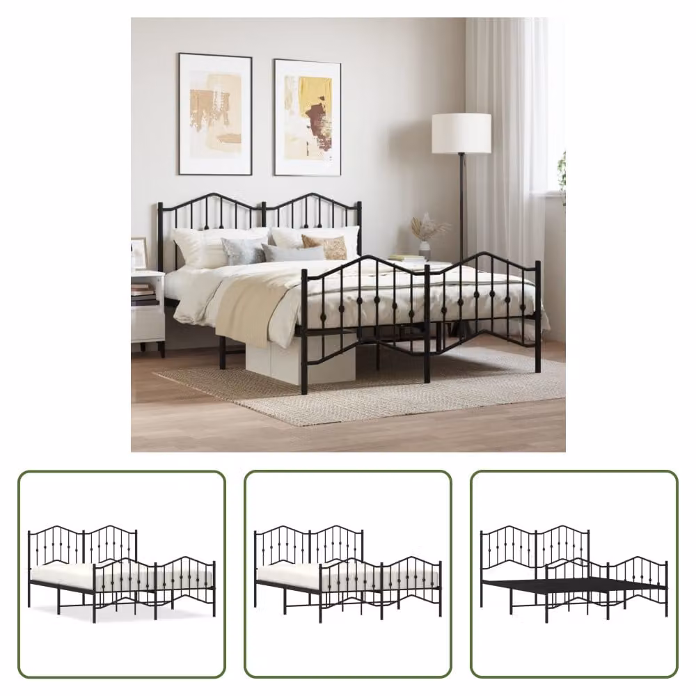 The Living Store Struttura letto con testiera e pediera in metallo nero 135x190 cm