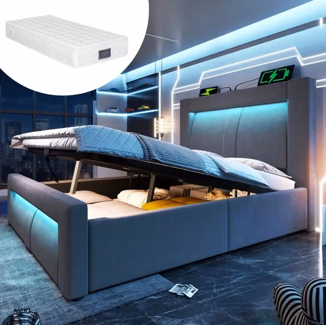 Letto 90x200 cm grigio - LED, contenitore idraulico e USB, con materasso