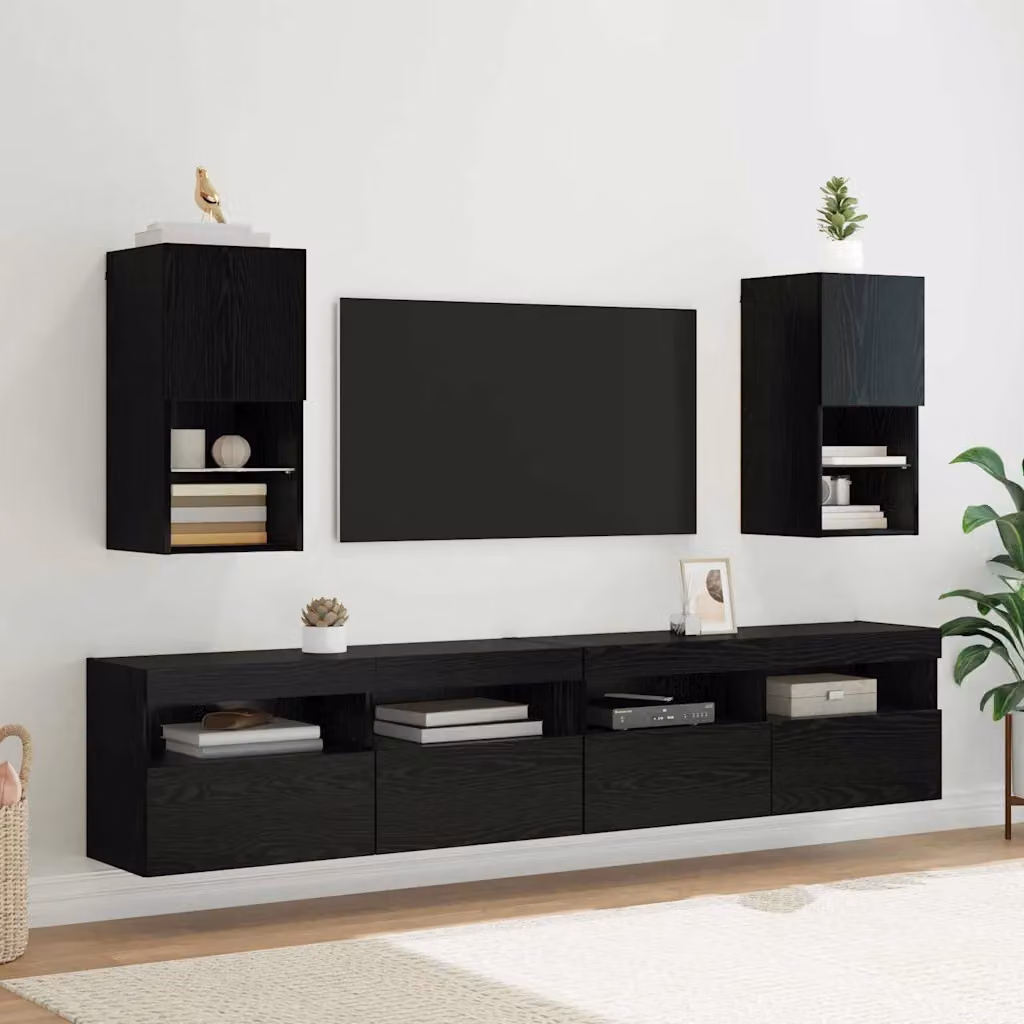 Set di 2 mobiletti TV da parete vidaXL moderni in legno ingegnerizzato nero opaco con illuminazione integrata