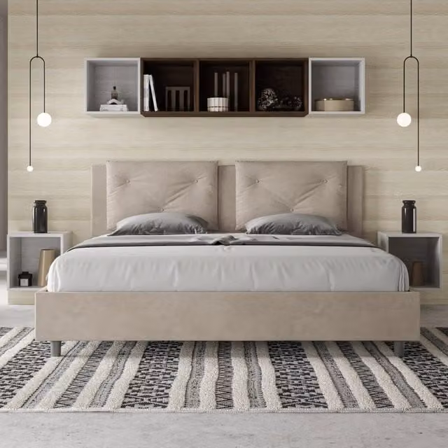 Letto matrimoniale Appia Ityhome con rete imbottita e contenitore lift up in microfibra colore sabbia L/P: 180 x 200 cm