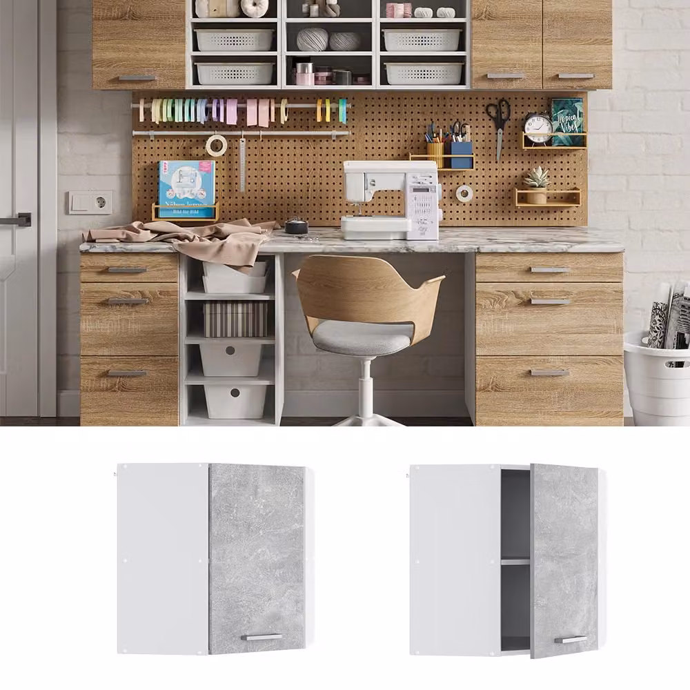 Pensile ad angolo Vicco R-Line con anta, finitura opaca effetto calcestruzzo, bianco e grigio, L/P/H: 57 x 34,1 x 60 cm – 2