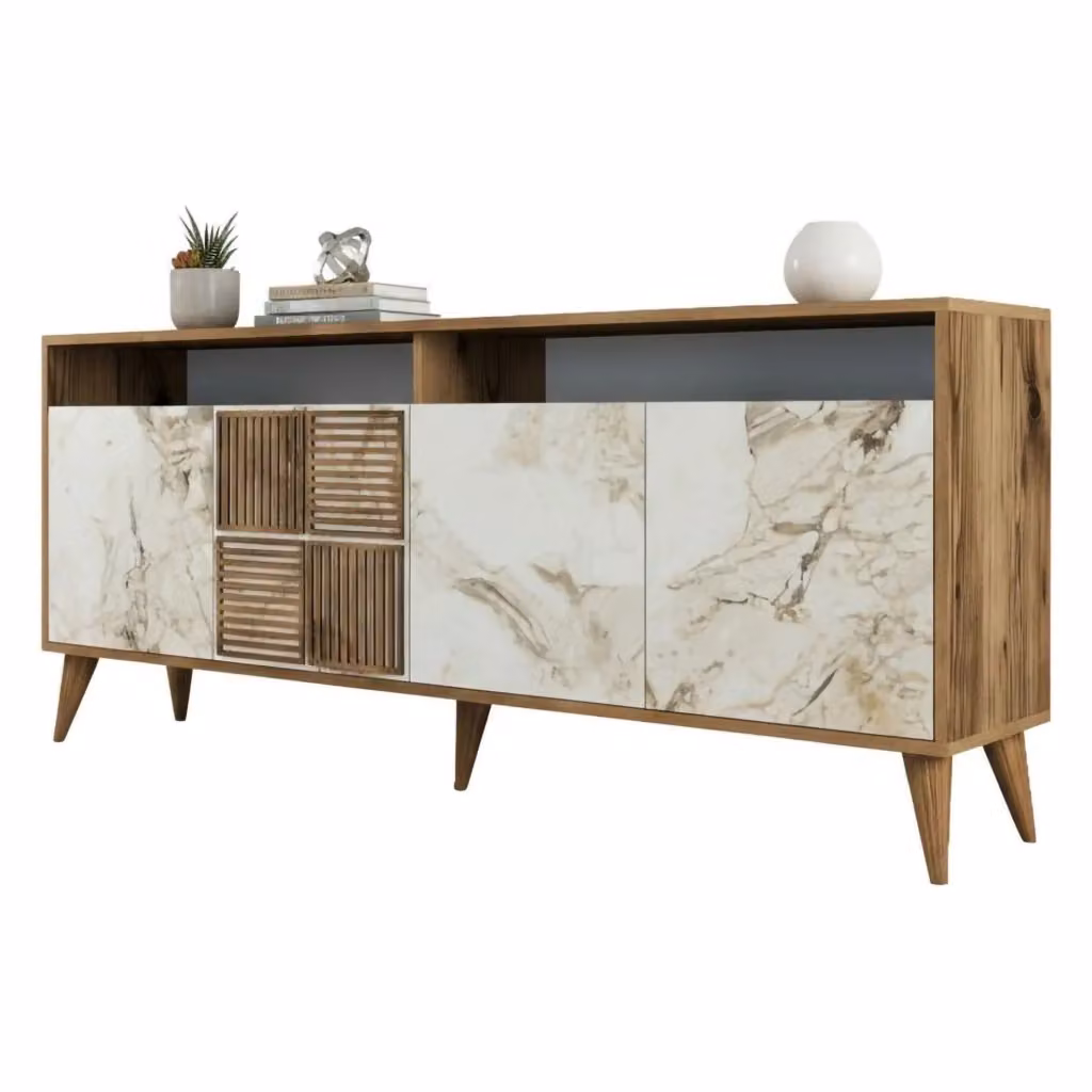 Consolle Jole DMORA, Credenza da soggiorno e base per TV moderna in Noce e Bianco, L: 180 cm, P: 35 cm, H: 79 cm – 2