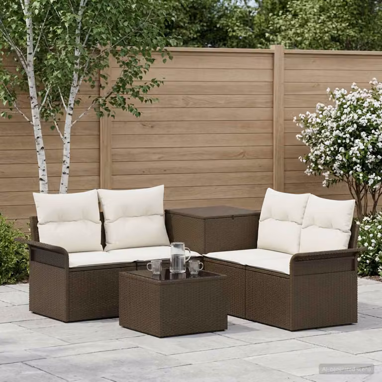 Set di divani da giardino vidaXL a forma di L composto da 6 pezzi con tavolino e pouf, colore marrone e bianco crema