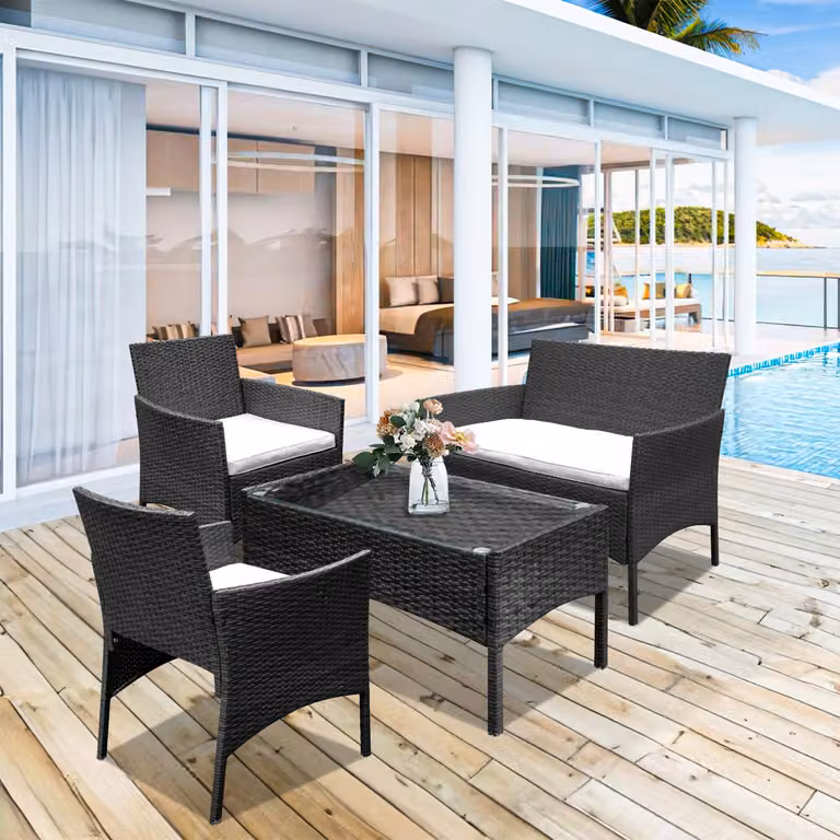 Jayseuw Mobili da giardino Set da giardino Salotto da giardino Mobili in rattan Set di sedute Set per balcone nero