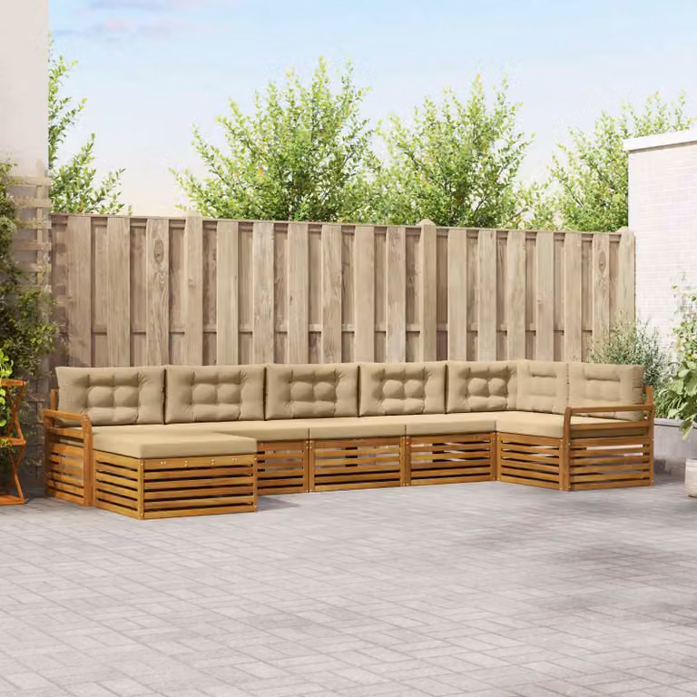 vidaXL Set di divani da esterno 7 pz a forma di L in legno di acacia con cuscini, Beige e Marrone