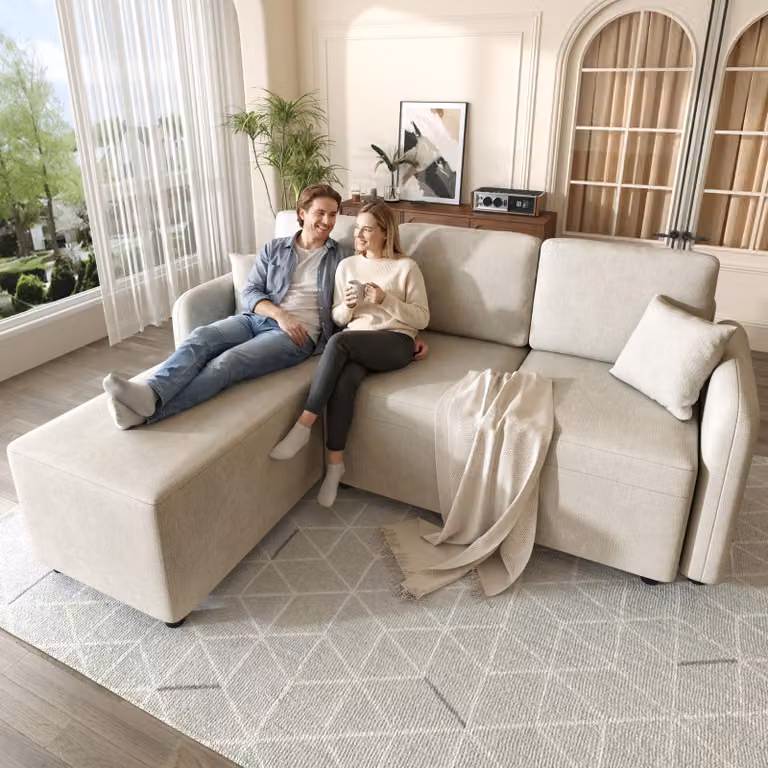 Divano angolare a forma di L, 3 posti, con chaise longue, rivestito in tessuto tipo chenille, imbottitura in schiuma ad alta densità, 2 cuscini, struttura in legno massello, capacità di carico fino a 150 kg, divano per soggiorno, color beige