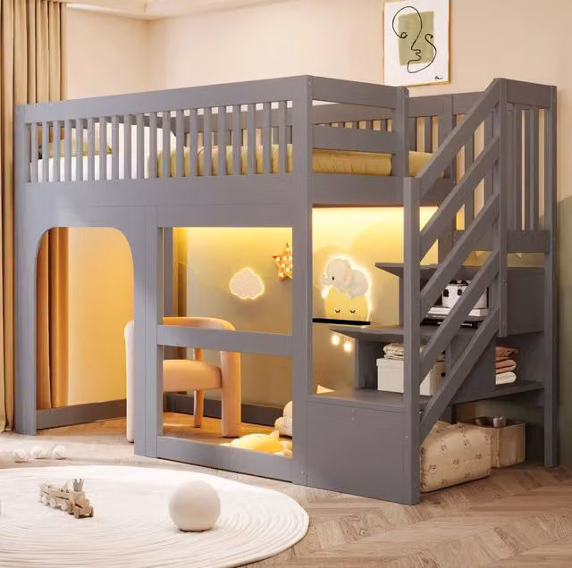 Letto a soppalco ULEVR 90x200 cm con scala contenitore, LED, protezioni laterali e rete a doghe, grigio