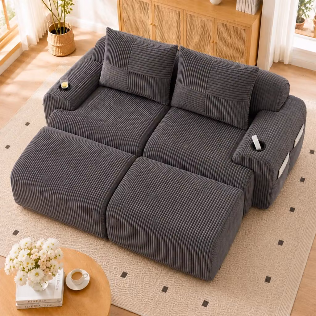 Divano angolare a L Mivray in velluto a coste grigio con pouf coordinato e portabevande L/P/H: 200 x 174 x 80 cm – 2