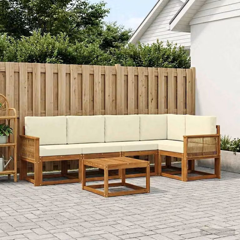Set di divani da esterno vidaXL 6 pz in legno di acacia con cuscini, colore marrone, beige e bianco