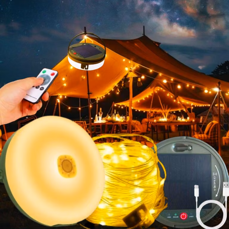 Catena luminosa da campeggio, 12 metri, 120 LED, alimentazione solare, grado di protezione IP44, ricaricabile