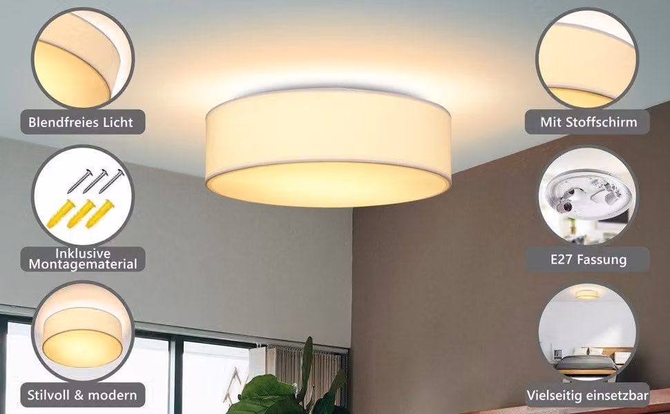 Lampada da soffitto, tessuto 38 cm, bianco, 2 attacchi E27