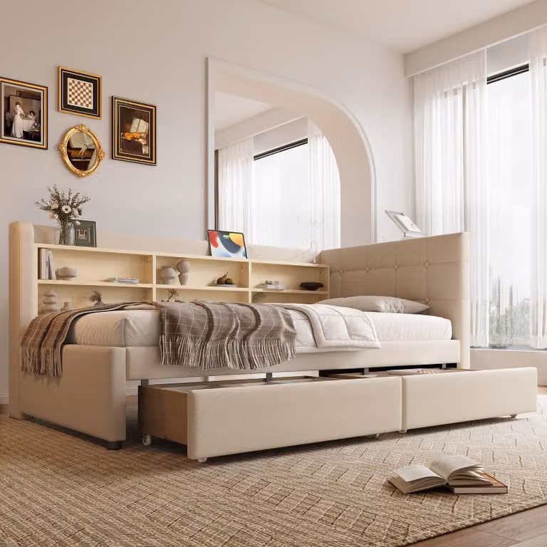 okwish Divano letto 90x200 senza materasso, Daybett con 2 cassetti e griglia, Daybed con USB e Type-C, con diversi ripiani, beige