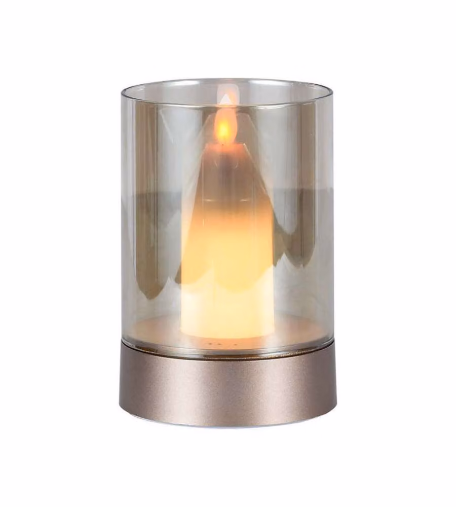 Candela LED da tavolo V-TAC in vetro ambrato color oro champagne, ricaricabile via USB-C con batteria da 2400mAh, luce calda 3000K