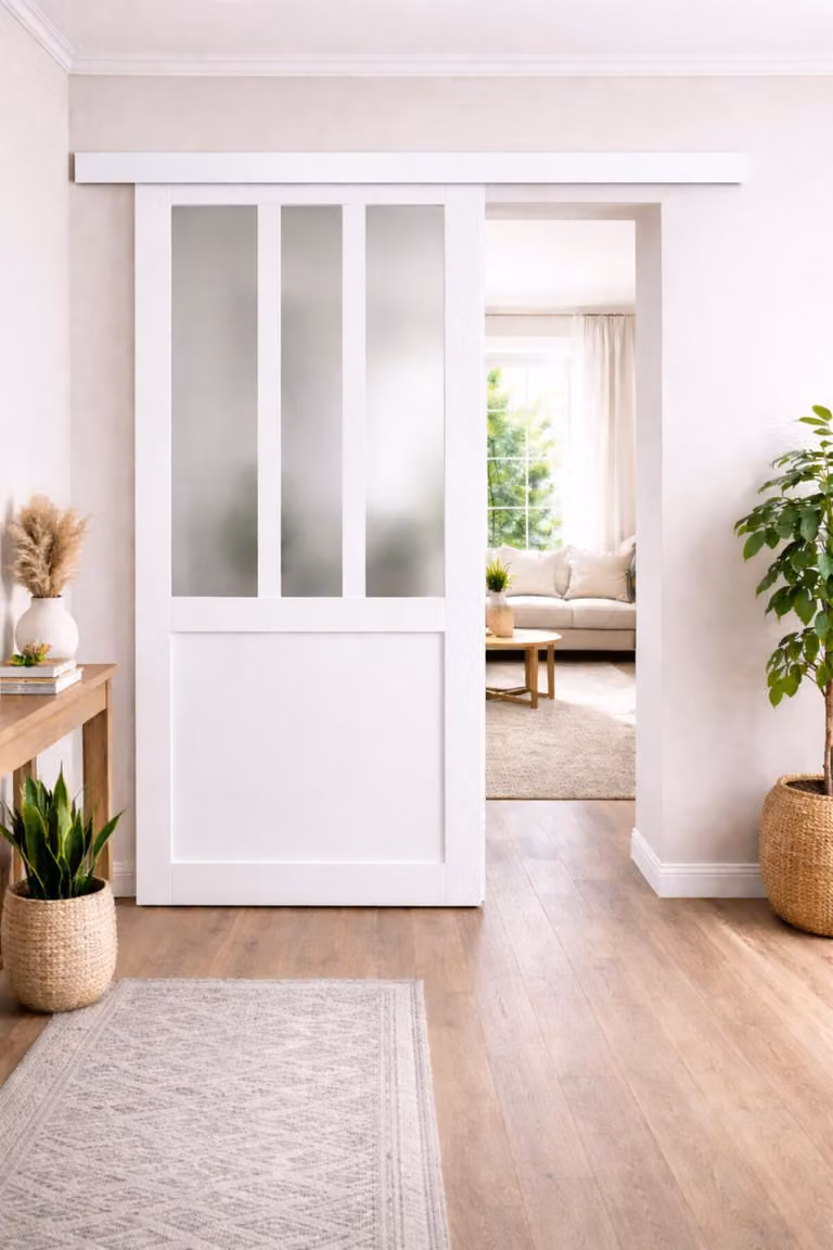 Porta scorrevole da laboratorio bianca con vetro opacizzato H204 x L73 cm, binario in alluminio con fascia bianca GD MENUISERIES