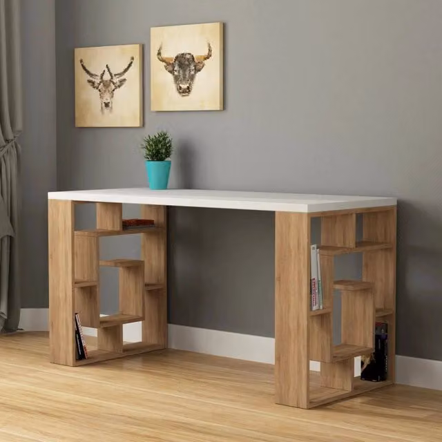 Scrivania Archidamia DMORA moderna in legno con struttura marrone e piano bianco L/P/H: 140 x 60 x 75 cm – 1