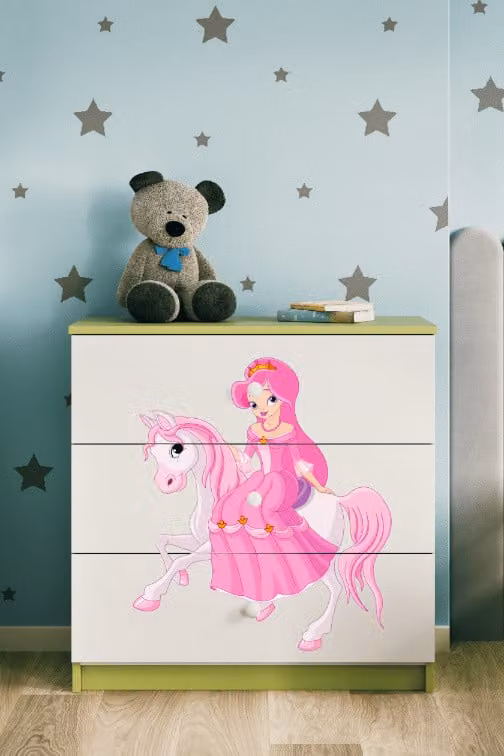 Cassettiera per bambini principessa a cavallo nel colore verde Babydreams