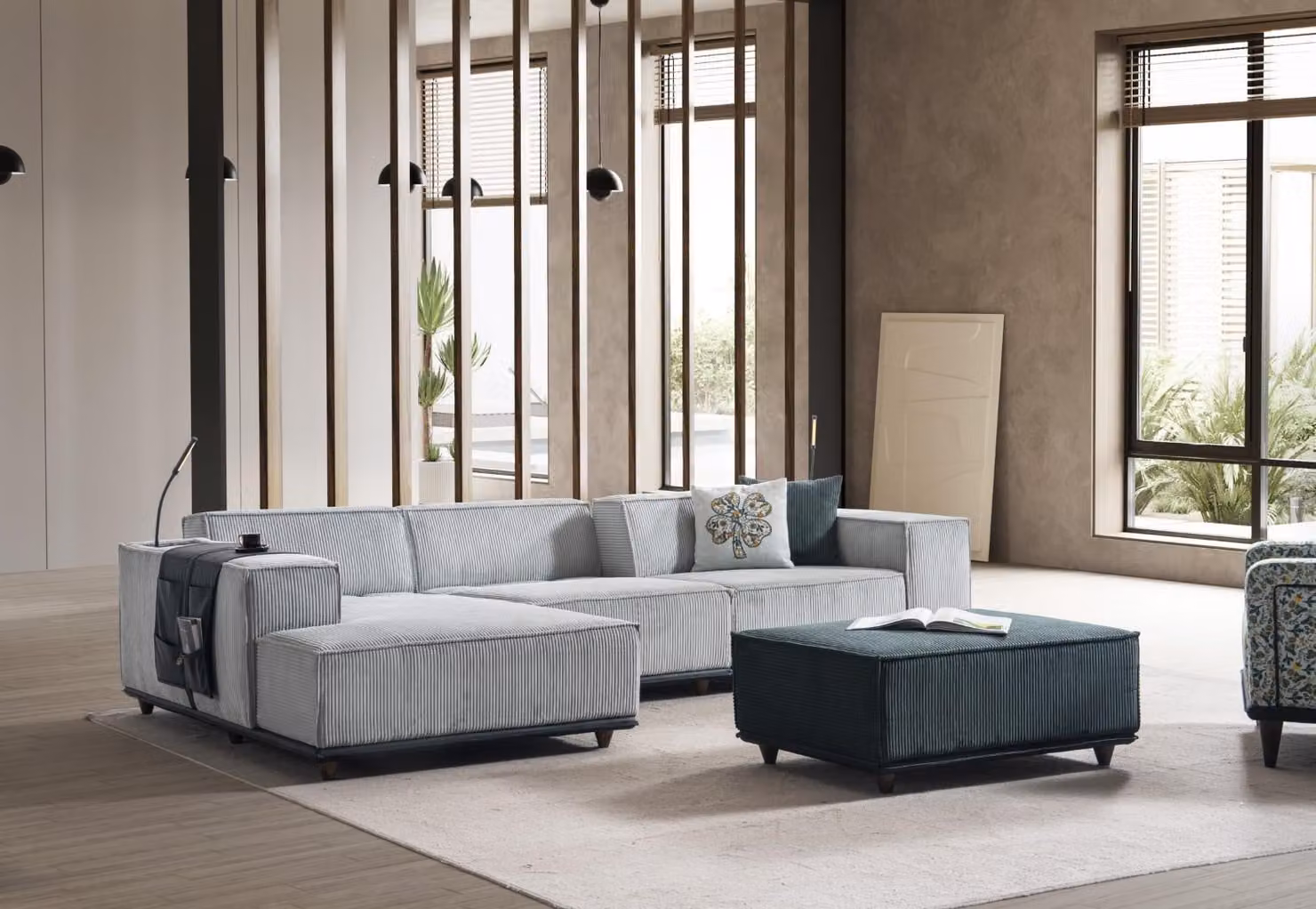 Designer Relaxsofa Moderne Eckcouch Polsterhocker Edle Garnitur