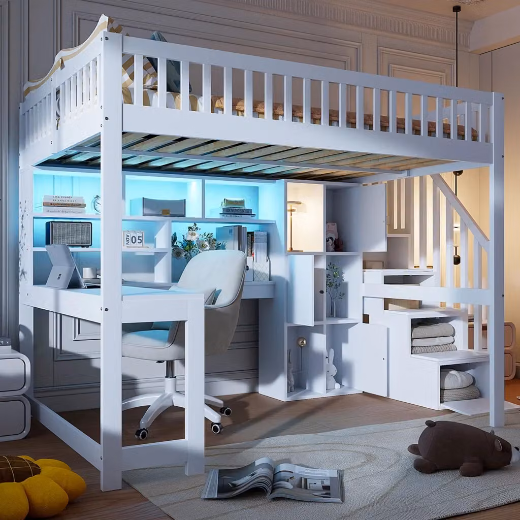 Letto a castello CIPACHO in pino e MDF bianco con scala e illuminazione sottostante L/P/H: 200 x 140 x 180 cm – 2