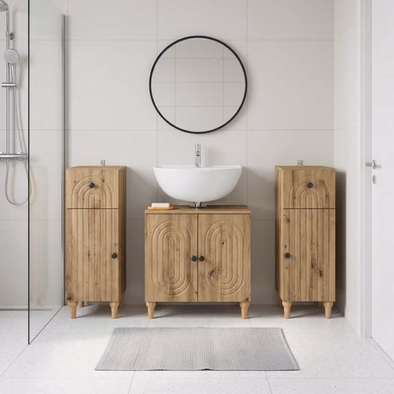 Set di mobili da bagno vidaXL ALKMAAR in 3 pezzi, colore marrone, design minimalista in legno