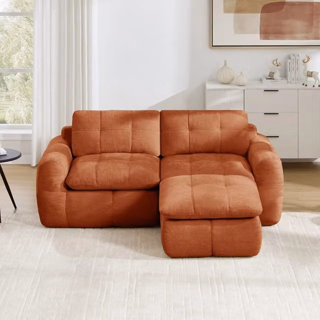Divano 2 posti angolare con poggiapiedi ¨C Minimal ¨C Arancione, tessuto chenille, imbottito, senza montaggio