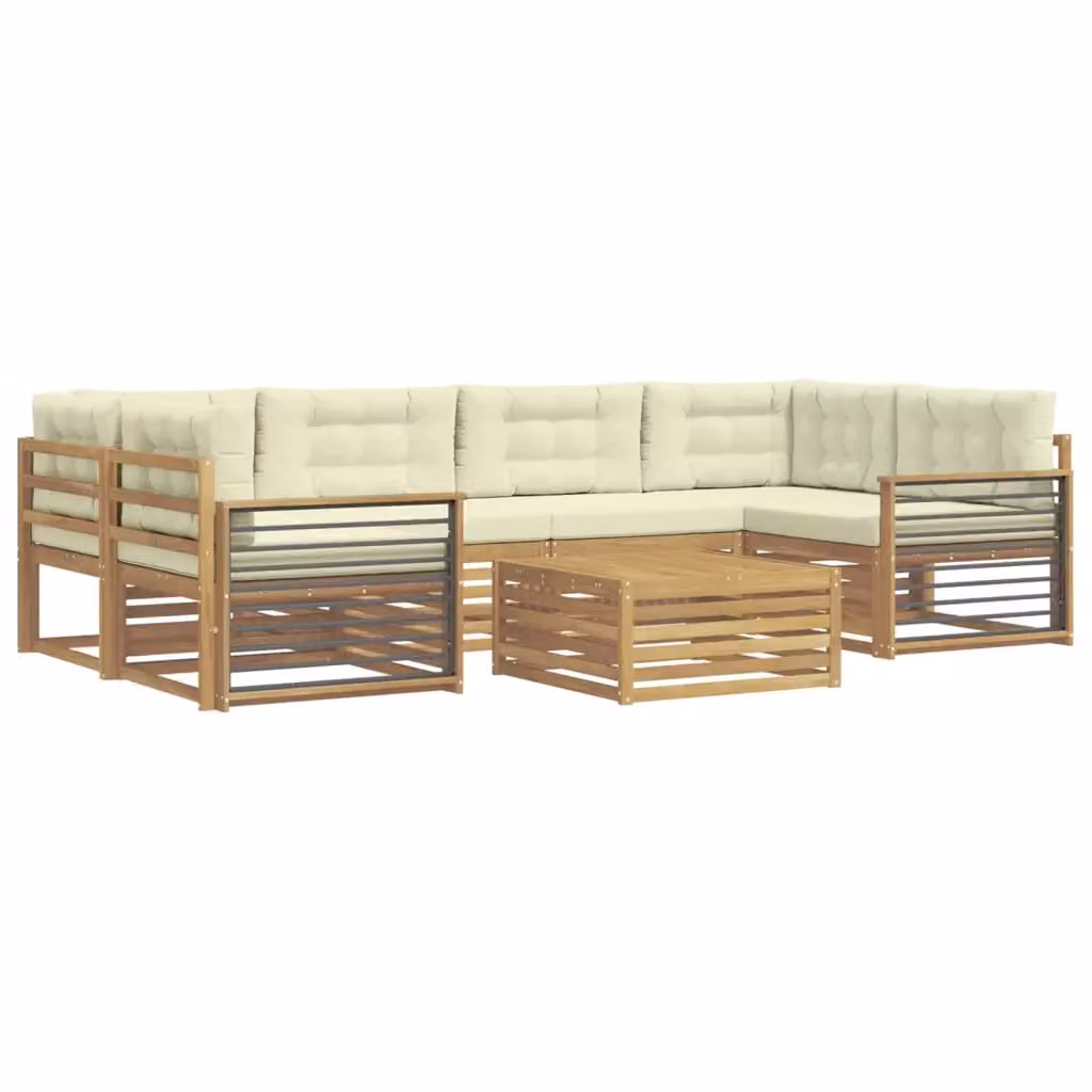 Set di divani da esterno a L vidaXL in legno di acacia con tavolo da caffè, 7 pezzi, Bianco e Beige – 2