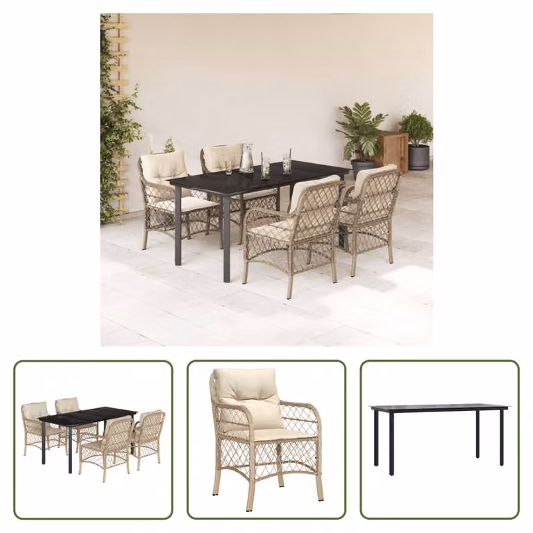 The Living Store Set da pranzo da giardino 5 pezzi con cuscini Beige poly rattan