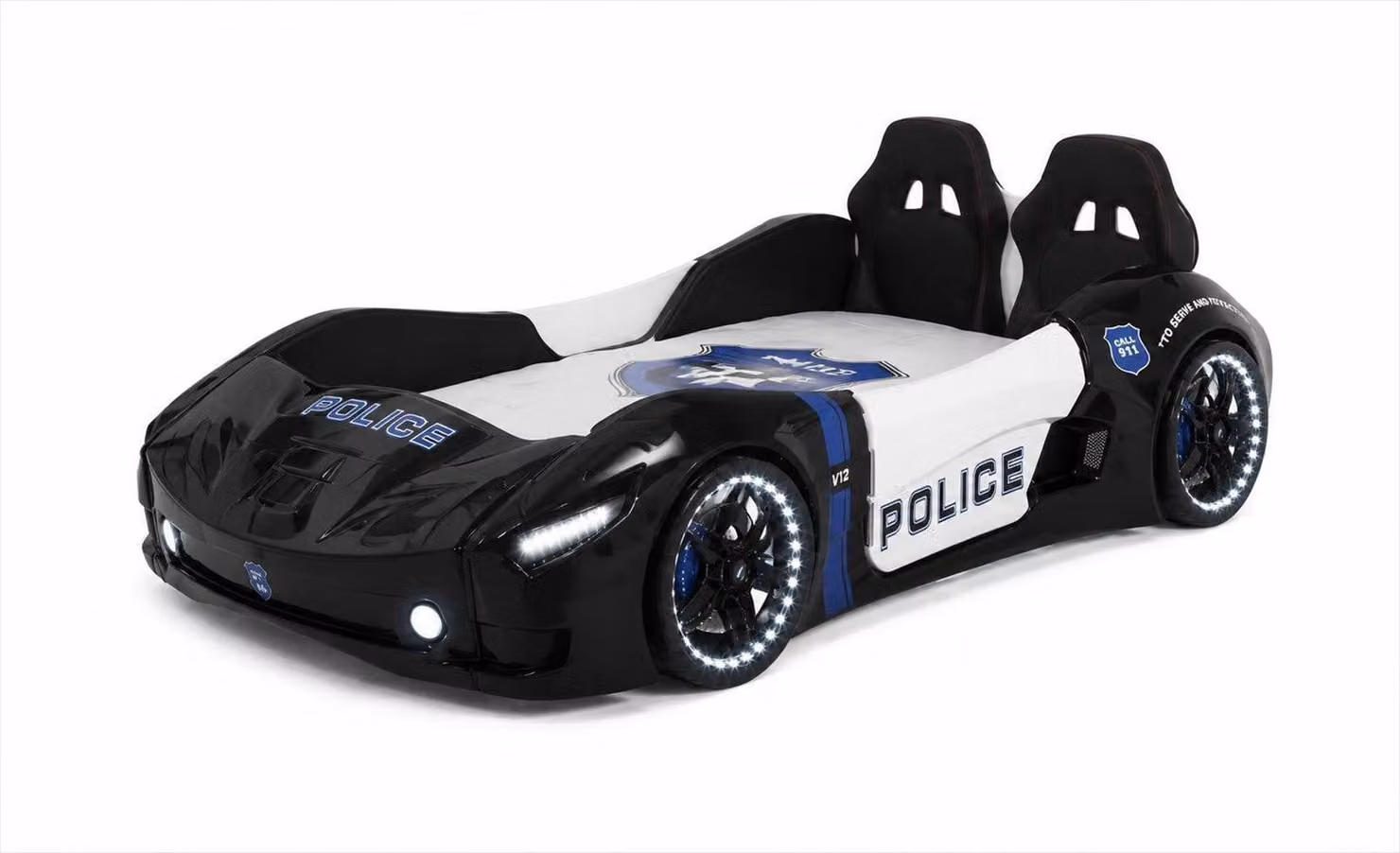 Letto a forma di auto da corsa della polizia, con illuminazione LED, colore nero