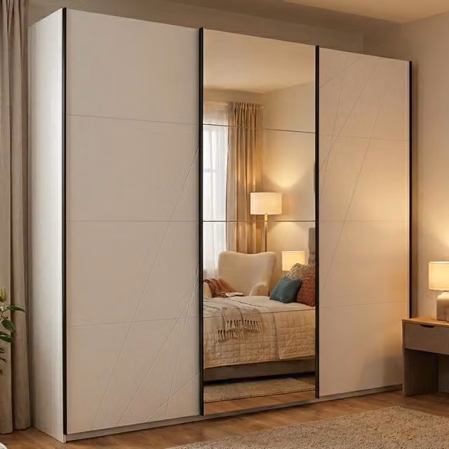 Armadio da camera da letto Rutino DMORA con ante scorrevoli, bianco opaco, L: 262.5 cm, H: 224 cm
