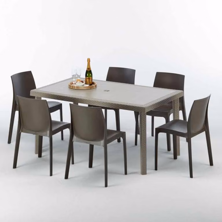 Tavolo rettangolare in polyrattan con 6 sedie colorate 150x90 Beige Marion