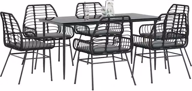 Set Pranzo da Giardino 7 pz Nero con Cuscini Polyrattan Vetro 3334454