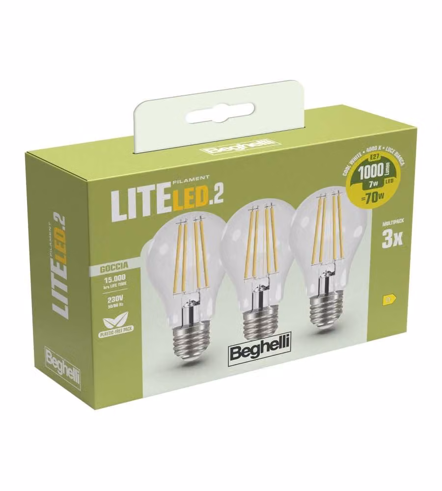 Beghelli 3 Lampadine Lite Led Goccia E27 - 7W 1000lm 4000K