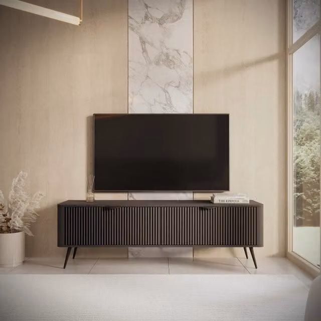 Mobile porta TV Kalase DMORA con 2 ripiani in legno e metallo, colore nero, L 163 cm x P 38 cm x H 51 cm – 1