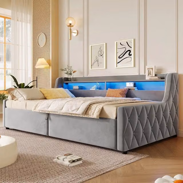 Letto contenitore imbottito con LED ¨C Minimal ¨C Velluto grigio 90x200 cm idraulico