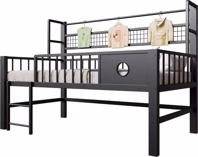 Letto a soppalco basso per bambini 90x200 cm con sponde e appendiabiti; nero