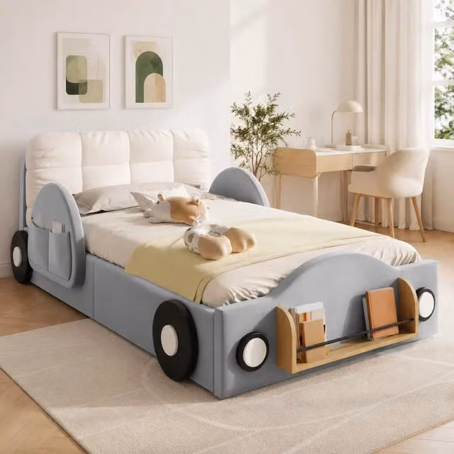 Letto imbottito 90x200 cm grigio con vano idraulico, tasche laterali e cuscino