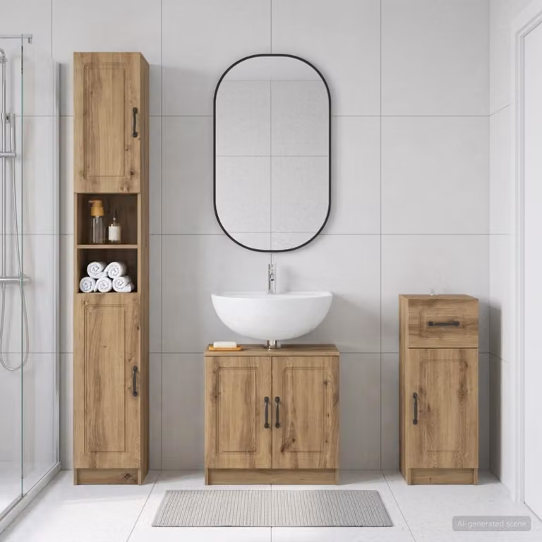 Set di armadietti da bagno moderni vidaXL UTRECHT in legno marrone, composto da 3 pezzi con mobile sottolavabo, colonna alta e mobile laterale