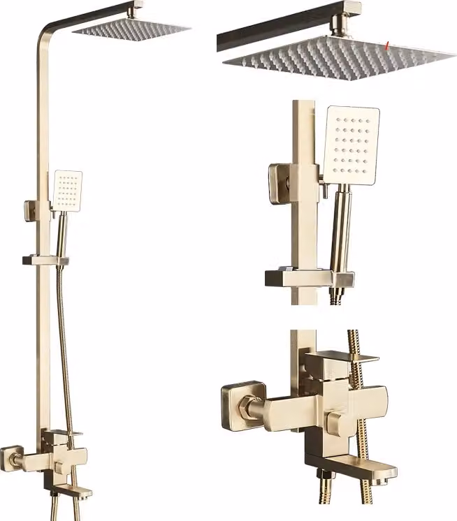 Set di miscelatori per doccia, design contemporaneo, bocca a cascata, oro spazzolato