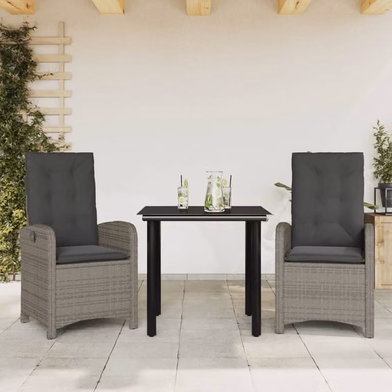 Set da Pranzo da Giardino 3 pz vidaXL in Polyrattan Grigio e Nero con Cuscini e Tavolo in Vetro