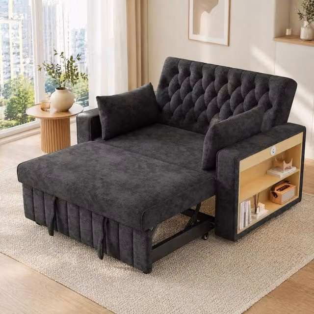 Divano Letto Moderno REDOM in Tessuto Grigio con 2 Cuscini L/P/H: 140 x 137 x 84 cm