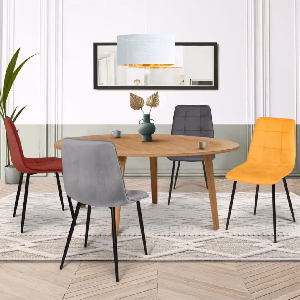 Set di 4 sedie vintage MILA in velluto IDMarket, colori bordeaux, grigio scuro, grigio chiaro e giallo ocra – 2