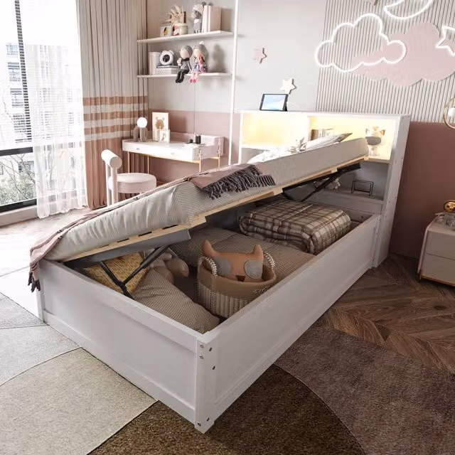 Divano letto 90x200 multifunzionale bianco in legno massello con prese integrate e luci LED