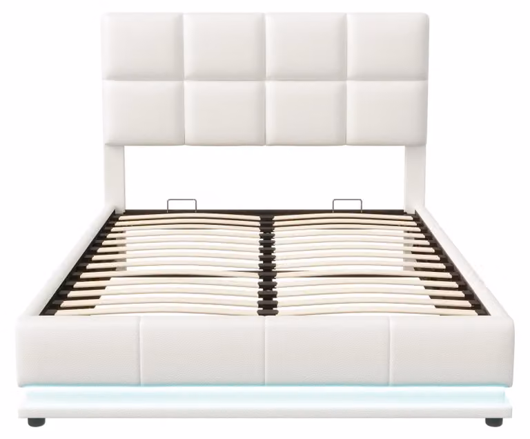 Letto singolo 140 x 190 cm - Letto con contenitore - Letto con illuminazione a LED - Letto con meccanismo di sollevamento idraulico - Testiera regolabile